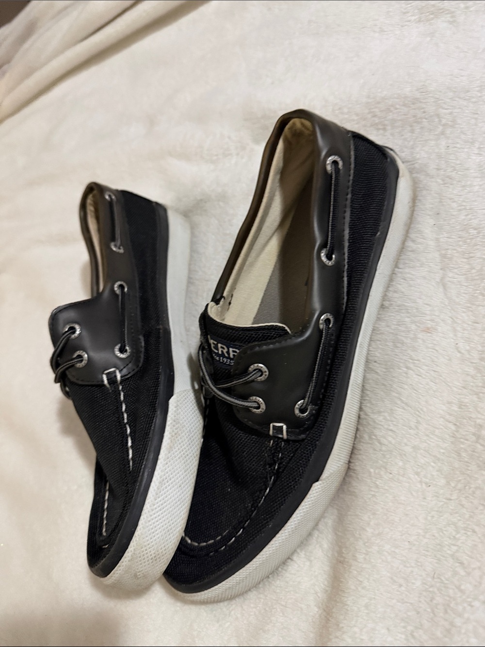 Sperry Black Canvas and Leather Boat Shoes with White Sole